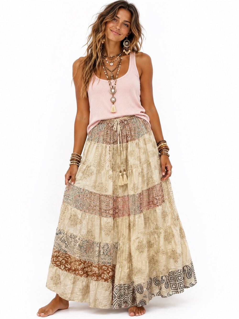 51. Boho Patchwork Sari Silk Maxi Skirt Festival Hippie Gypsy One Size India